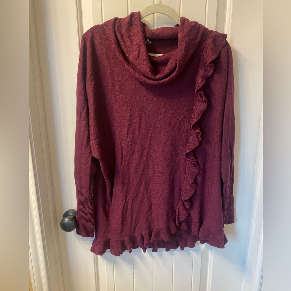 Women’s turtleneck burgundy ruffle cowl neck sweater